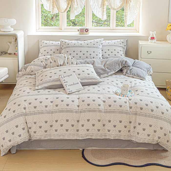 91家纺网 家纺一手货源 找家纺 桔禾家纺 2026春夏新款小清新A类超柔泡芙棉泡泡纱双层纱四件套 蝶语