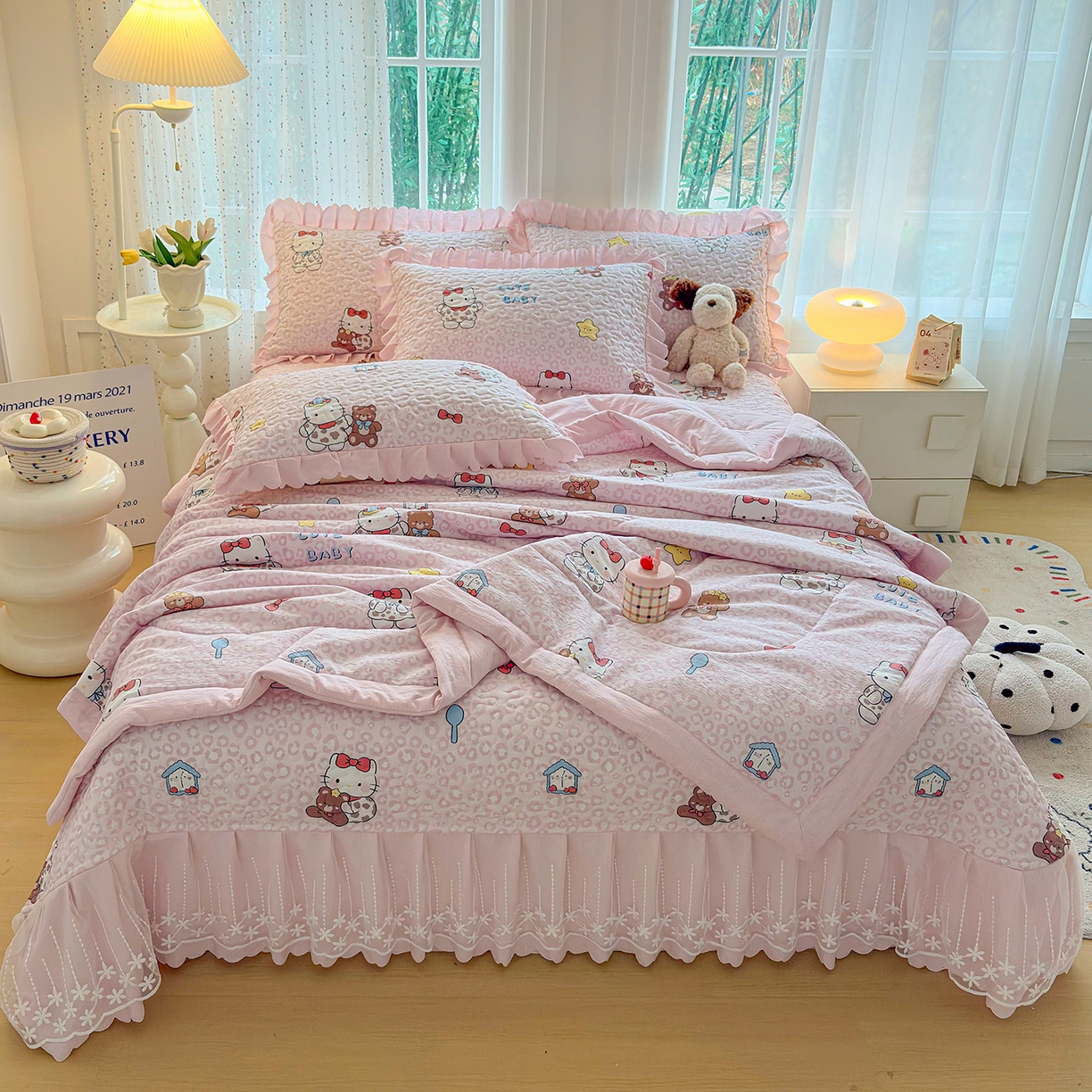 绒耀家纺 2026春夏直播爆款泡芙棉云感双层纱皱皱纱韩式花边夏被四件套 豹纹KT