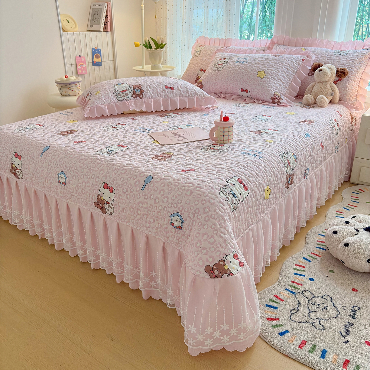 91家纺网 家纺一手货源 找家纺 绒耀家纺 2026春夏直播爆款泡芙棉云感双层纱皱皱纱韩式花边夏被四件套 豹纹KT