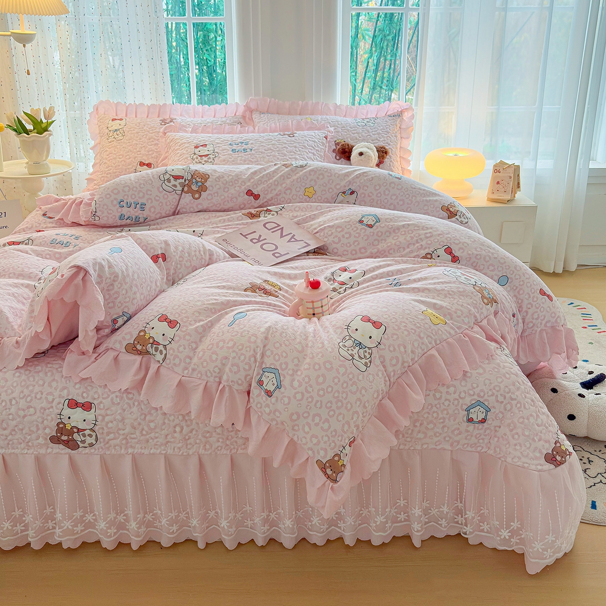 91家纺网 家纺一手货源 找家纺 绒耀家纺 2026春夏直播爆款泡芙棉云感双层纱皱皱纱韩式花边夏被四件套 豹纹KT