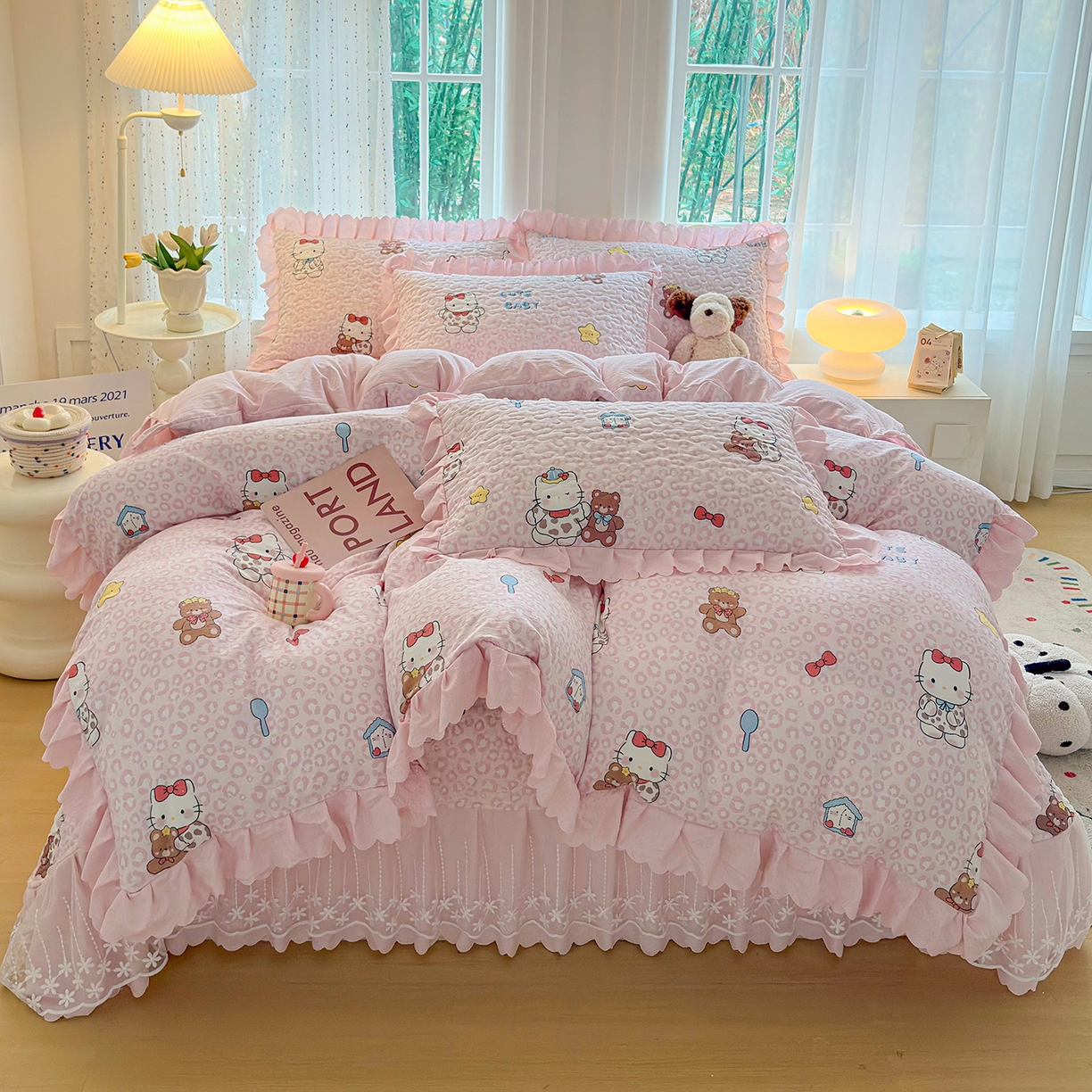 91家纺网 家纺一手货源 找家纺 绒耀家纺 2026春夏直播爆款泡芙棉云感双层纱皱皱纱韩式花边夏被四件套 豹纹KT