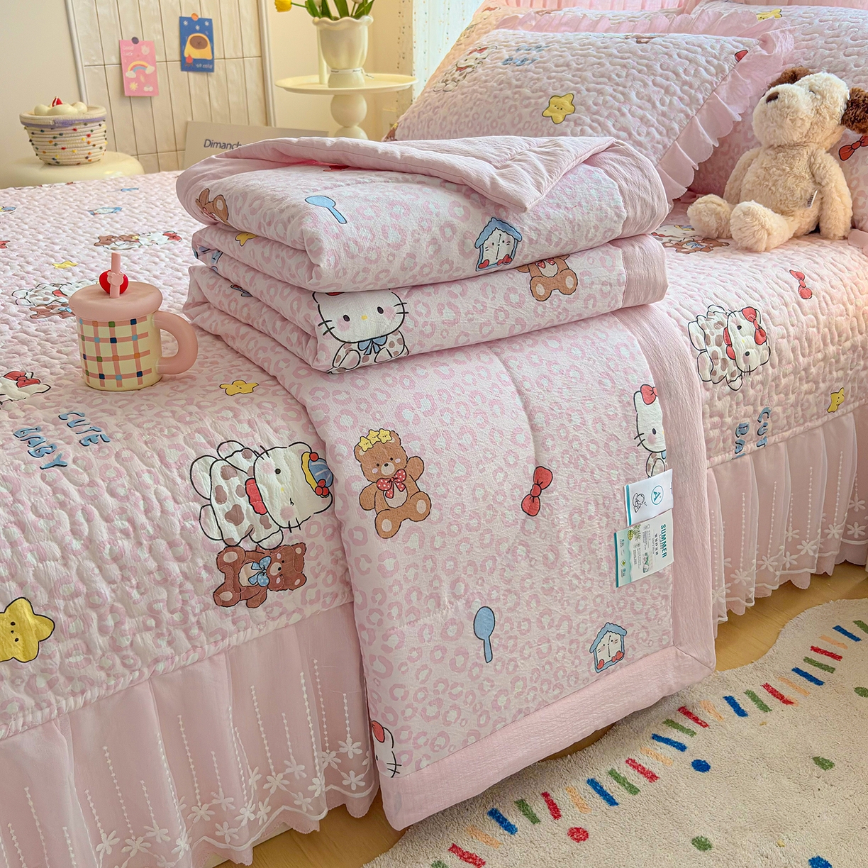 91家纺网 家纺一手货源 找家纺 绒耀家纺 2026春夏直播爆款泡芙棉云感双层纱皱皱纱韩式花边夏被四件套 豹纹KT