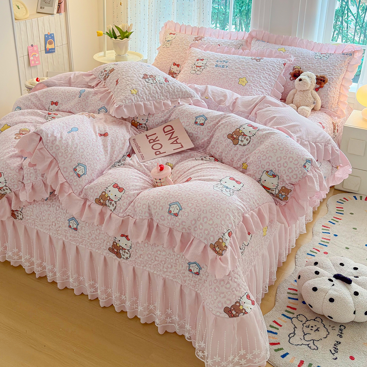 91家纺网 家纺一手货源 找家纺 绒耀家纺 2026春夏直播爆款泡芙棉云感双层纱皱皱纱韩式花边夏被四件套 豹纹KT