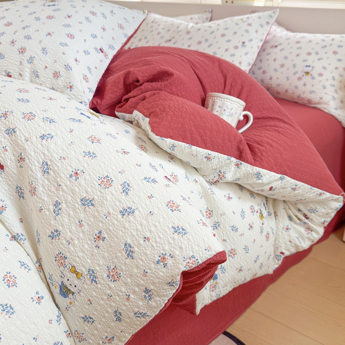 桔禾家纺 2026春夏新款小清新A类超柔泡芙棉泡泡纱双层纱四件套 花町软猫