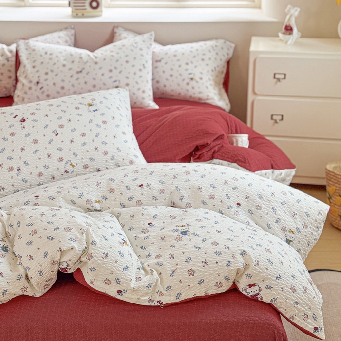 91家纺网 家纺一手货源 找家纺 桔禾家纺 2026春夏新款小清新A类超柔泡芙棉泡泡纱双层纱四件套 花町软猫