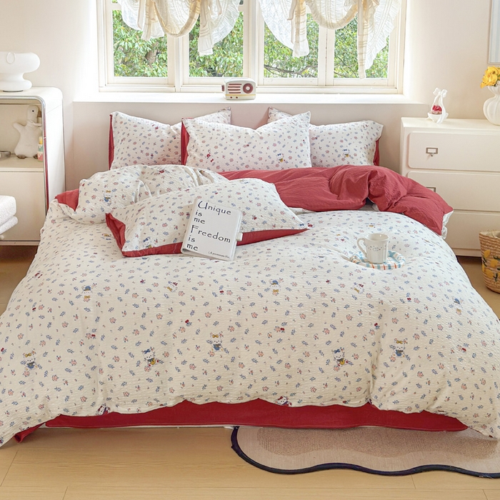 91家纺网 家纺一手货源 找家纺 桔禾家纺 2026春夏新款小清新A类超柔泡芙棉泡泡纱双层纱四件套 花町软猫