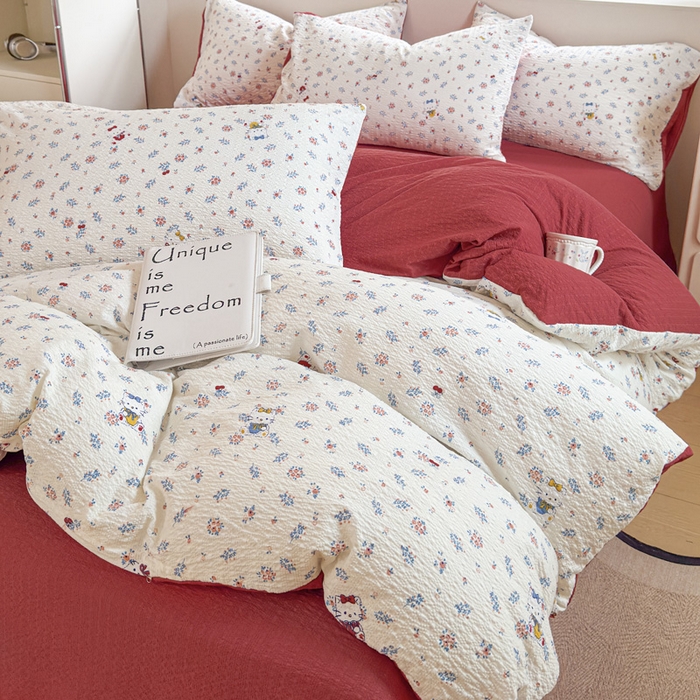 91家纺网 家纺一手货源 找家纺 桔禾家纺 2026春夏新款小清新A类超柔泡芙棉泡泡纱双层纱四件套 花町软猫