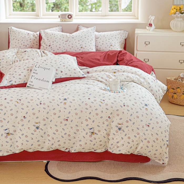 91家纺网 家纺一手货源 找家纺 桔禾家纺 2026春夏新款小清新A类超柔泡芙棉泡泡纱双层纱四件套 花町软猫