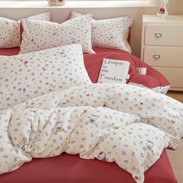 91家纺网 家纺一手货源 找家纺 桔禾家纺 2026春夏新款小清新A类超柔泡芙棉泡泡纱双层纱四件套 花町软猫