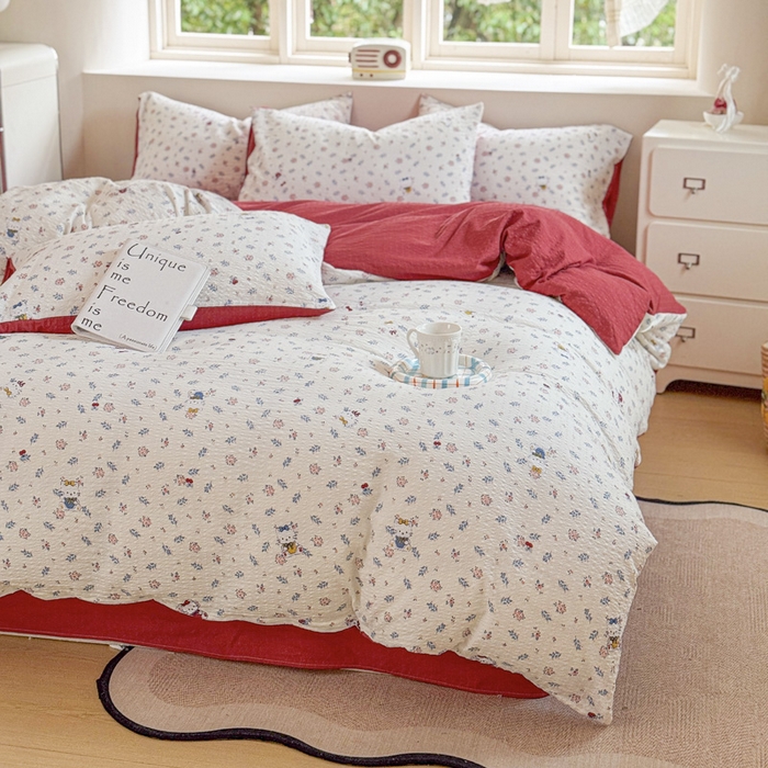 91家纺网 家纺一手货源 找家纺 桔禾家纺 2026春夏新款小清新A类超柔泡芙棉泡泡纱双层纱四件套 花町软猫