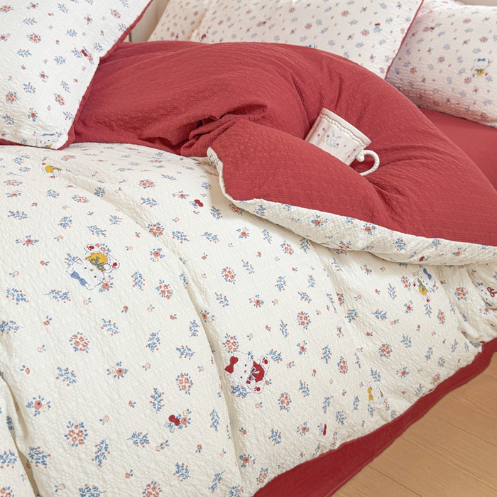 91家纺网 家纺一手货源 找家纺 桔禾家纺 2026春夏新款小清新A类超柔泡芙棉泡泡纱双层纱四件套 花町软猫