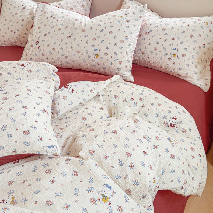 91家纺网 家纺一手货源 找家纺 桔禾家纺 2026春夏新款小清新A类超柔泡芙棉泡泡纱双层纱四件套 花町软猫