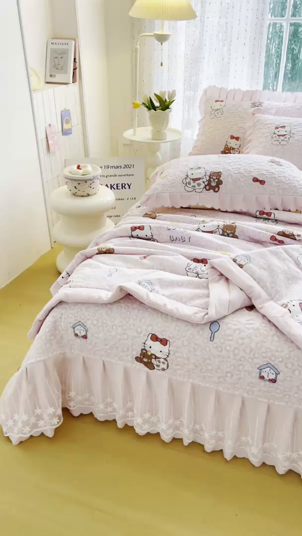 91家纺网 家纺一手货源 找家纺 绒耀家纺 2026春夏直播爆款泡芙棉云感双层纱皱皱纱韩式花边夏被四件套 豹纹KT