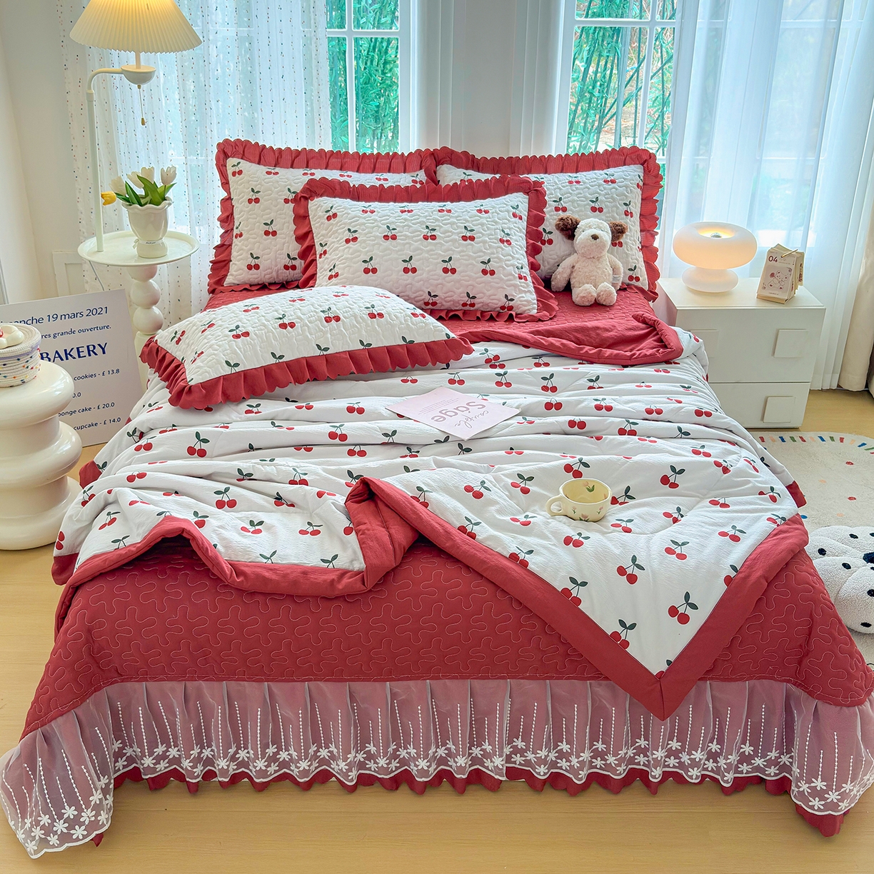 绒耀家纺 2026春夏直播爆款泡芙棉云感双层纱皱皱纱韩式花边夏被四件套 初恋樱桃
