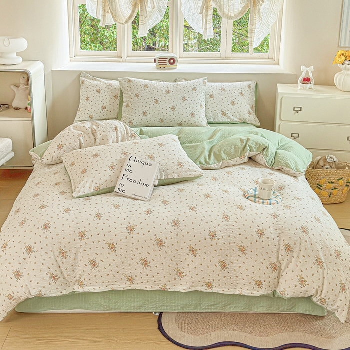 91家纺网 家纺一手货源 找家纺 桔禾家纺 2026春夏新款小清新A类超柔泡芙棉泡泡纱双层纱四件套 花枝梦