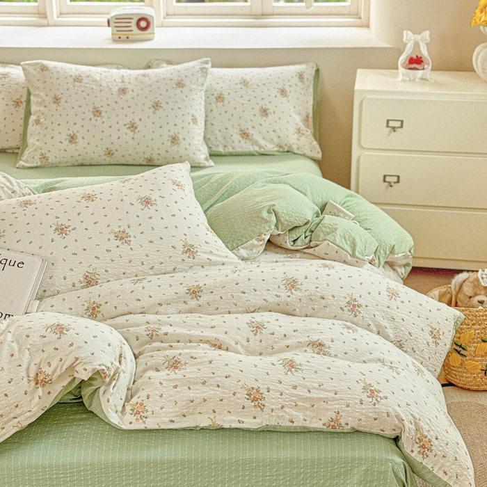 91家纺网 家纺一手货源 找家纺 桔禾家纺 2026春夏新款小清新A类超柔泡芙棉泡泡纱双层纱四件套 花枝梦