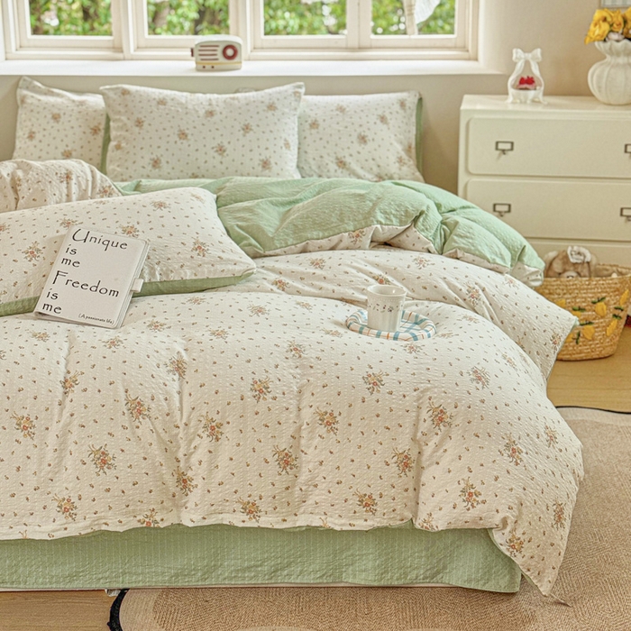 91家纺网 家纺一手货源 找家纺 桔禾家纺 2026春夏新款小清新A类超柔泡芙棉泡泡纱双层纱四件套 花枝梦