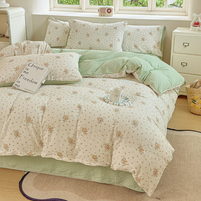 91家纺网 家纺一手货源 找家纺 桔禾家纺 2026春夏新款小清新A类超柔泡芙棉泡泡纱双层纱四件套 花枝梦