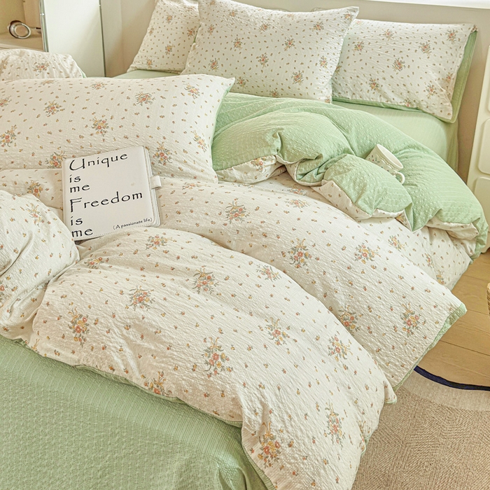 91家纺网 家纺一手货源 找家纺 桔禾家纺 2026春夏新款小清新A类超柔泡芙棉泡泡纱双层纱四件套 花枝梦