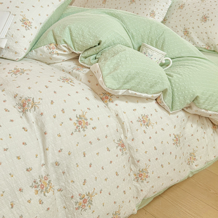 91家纺网 家纺一手货源 找家纺 桔禾家纺 2026春夏新款小清新A类超柔泡芙棉泡泡纱双层纱四件套 花枝梦