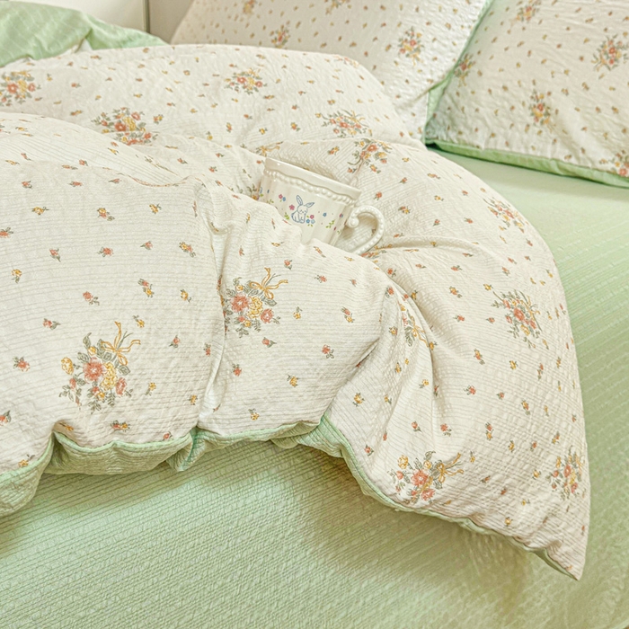 91家纺网 家纺一手货源 找家纺 桔禾家纺 2026春夏新款小清新A类超柔泡芙棉泡泡纱双层纱四件套 花枝梦