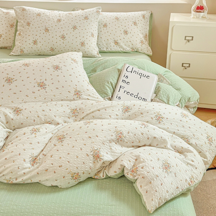 91家纺网 家纺一手货源 找家纺 桔禾家纺 2026春夏新款小清新A类超柔泡芙棉泡泡纱双层纱四件套 花枝梦