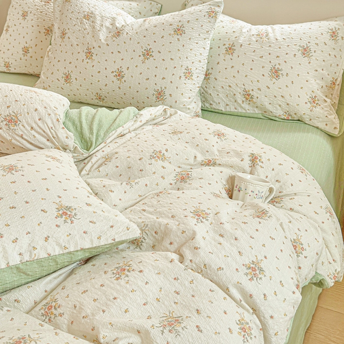 91家纺网 家纺一手货源 找家纺 桔禾家纺 2026春夏新款小清新A类超柔泡芙棉泡泡纱双层纱四件套 花枝梦