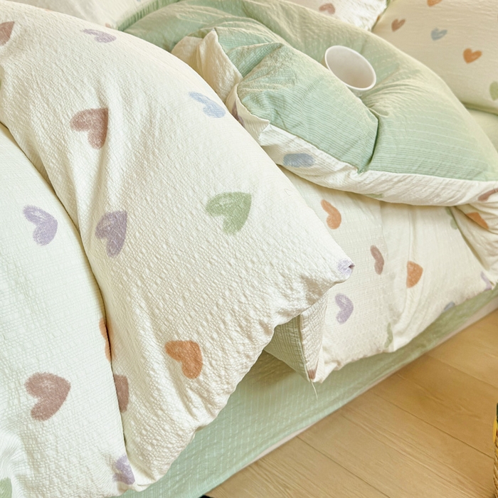 桔禾家纺 2026春夏新款小清新A类超柔泡芙棉泡泡纱双层纱四件套 马卡龙爱心