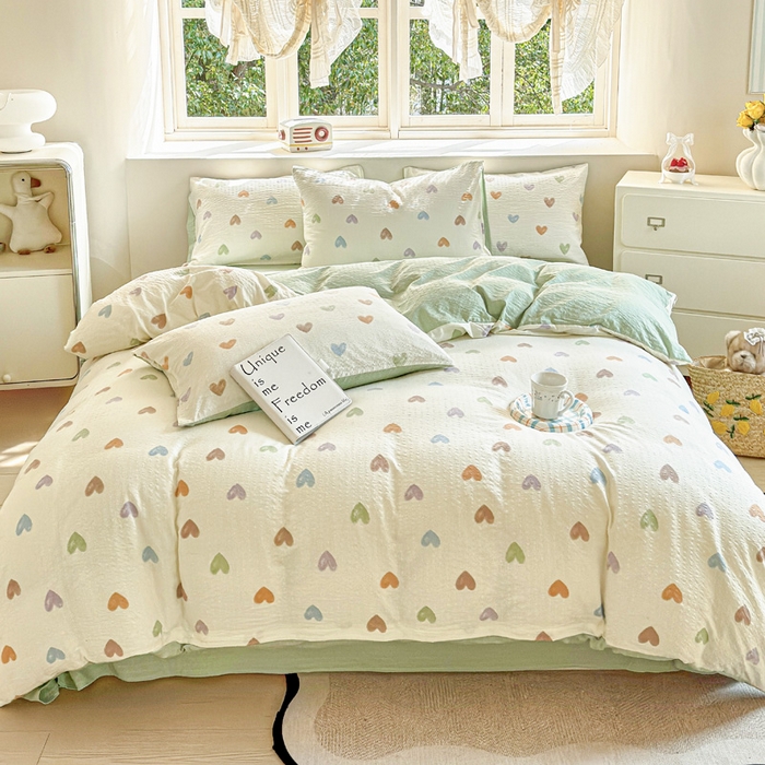 91家纺网 家纺一手货源 找家纺 桔禾家纺 2026春夏新款小清新A类超柔泡芙棉泡泡纱双层纱四件套 马卡龙爱心