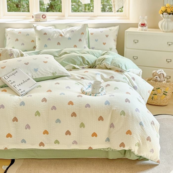 91家纺网 家纺一手货源 找家纺 桔禾家纺 2026春夏新款小清新A类超柔泡芙棉泡泡纱双层纱四件套 马卡龙爱心