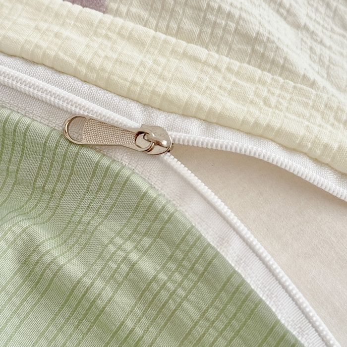 91家纺网 家纺一手货源 找家纺 桔禾家纺 2026春夏新款小清新A类超柔泡芙棉泡泡纱双层纱四件套 马卡龙爱心