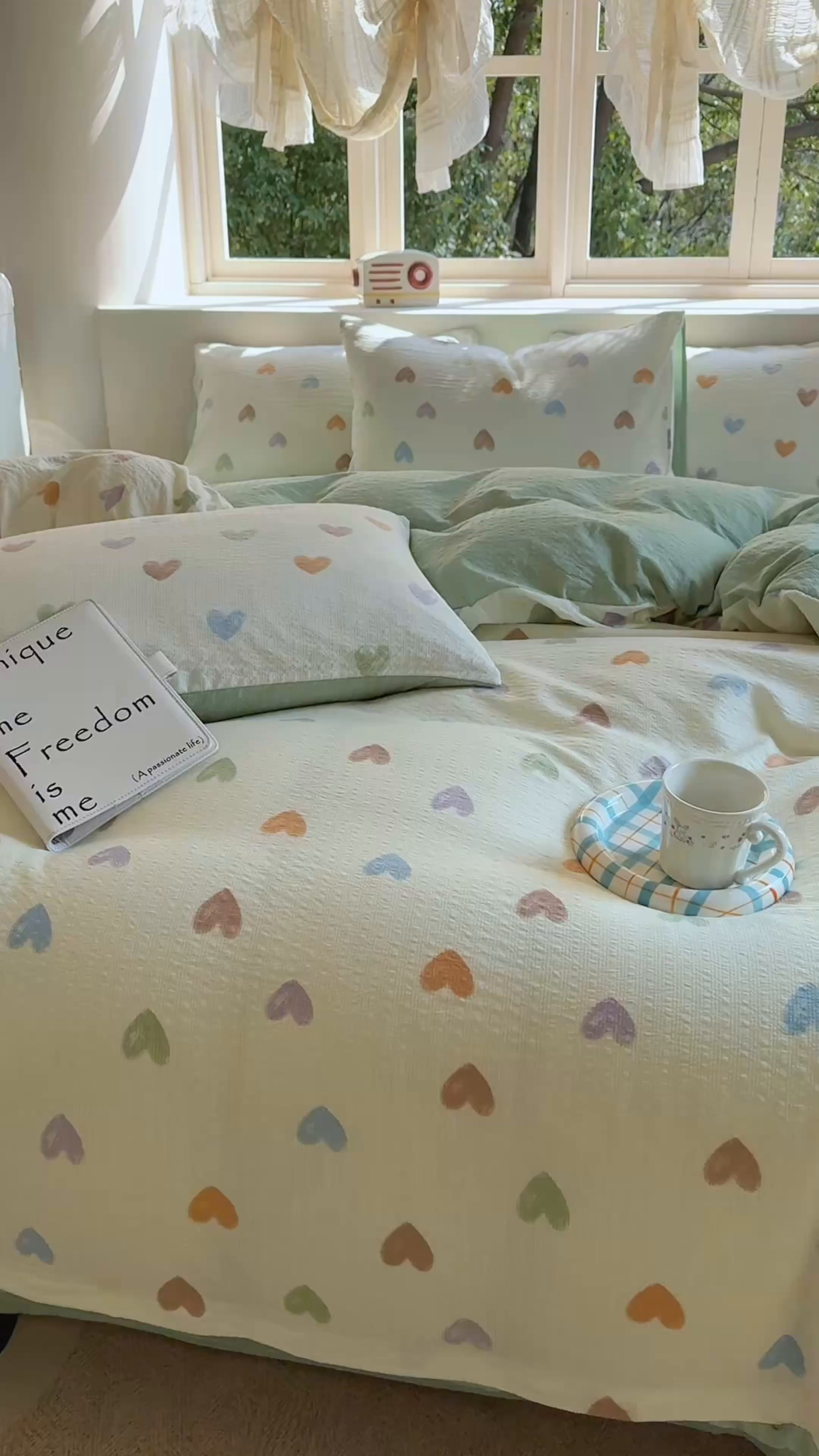 91家纺网 家纺一手货源 找家纺 桔禾家纺 2026春夏新款小清新A类超柔泡芙棉泡泡纱双层纱四件套 马卡龙爱心