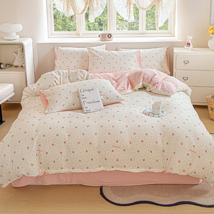 91家纺网 家纺一手货源 找家纺 桔禾家纺 2026春夏新款小清新A类超柔泡芙棉泡泡纱双层纱四件套 美莓果