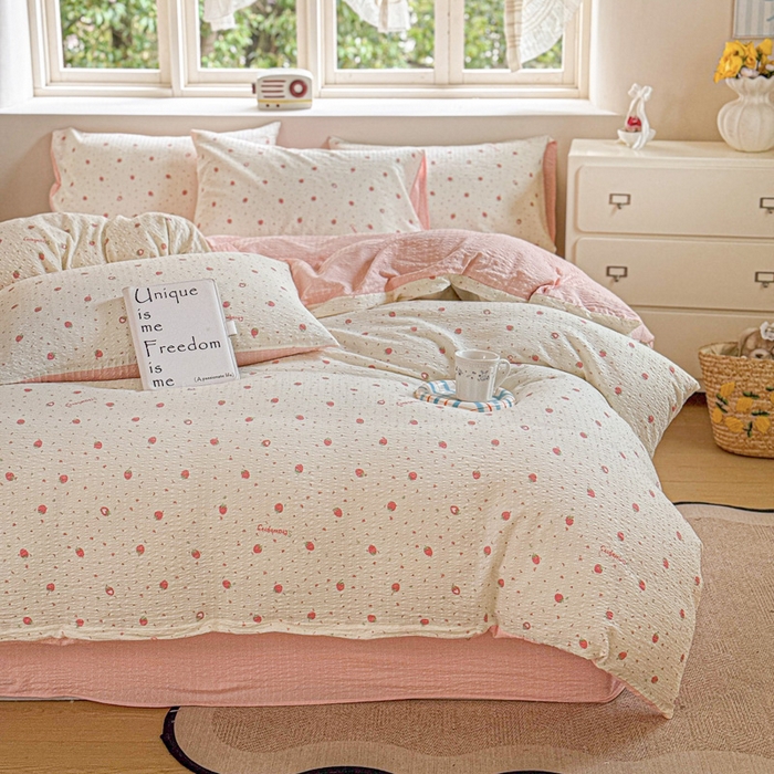 91家纺网 家纺一手货源 找家纺 桔禾家纺 2026春夏新款小清新A类超柔泡芙棉泡泡纱双层纱四件套 美莓果