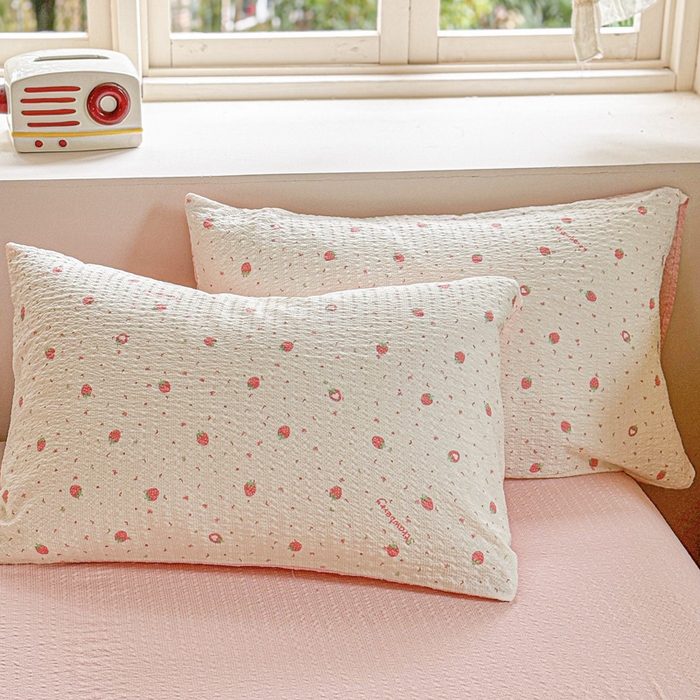 91家纺网 家纺一手货源 找家纺 桔禾家纺 2026春夏新款小清新A类超柔泡芙棉泡泡纱双层纱四件套 美莓果