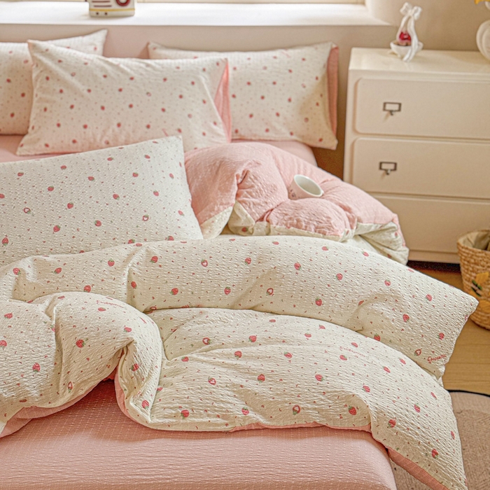 91家纺网 家纺一手货源 找家纺 桔禾家纺 2026春夏新款小清新A类超柔泡芙棉泡泡纱双层纱四件套 美莓果