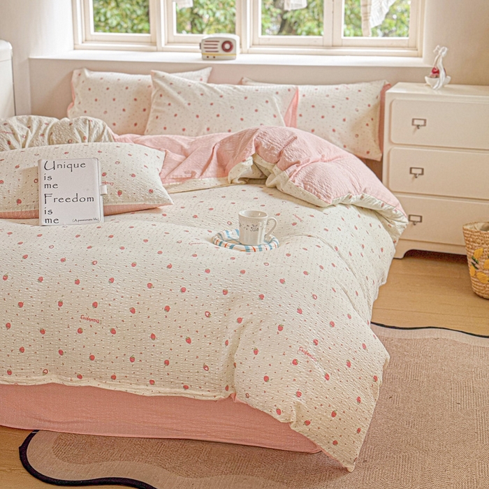 91家纺网 家纺一手货源 找家纺 桔禾家纺 2026春夏新款小清新A类超柔泡芙棉泡泡纱双层纱四件套 美莓果