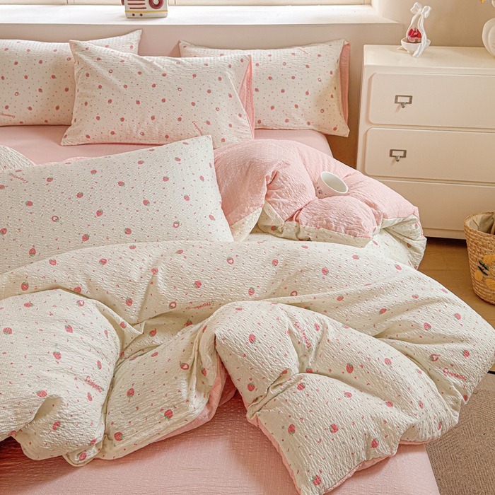 91家纺网 家纺一手货源 找家纺 桔禾家纺 2026春夏新款小清新A类超柔泡芙棉泡泡纱双层纱四件套 美莓果