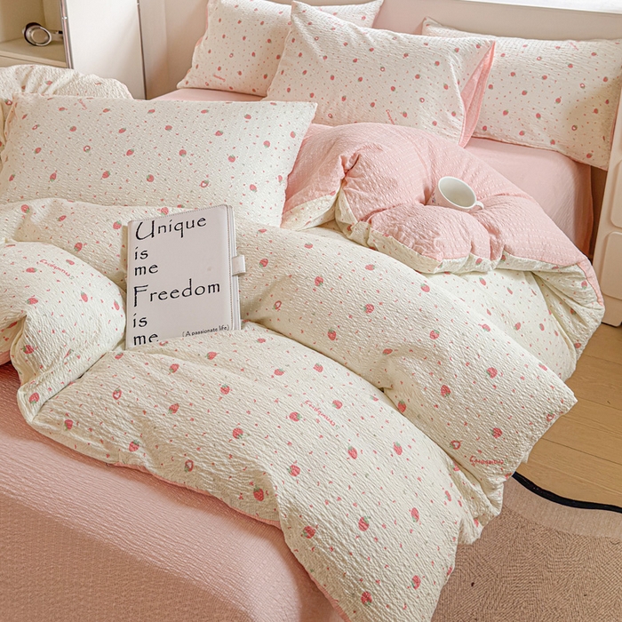 91家纺网 家纺一手货源 找家纺 桔禾家纺 2026春夏新款小清新A类超柔泡芙棉泡泡纱双层纱四件套 美莓果