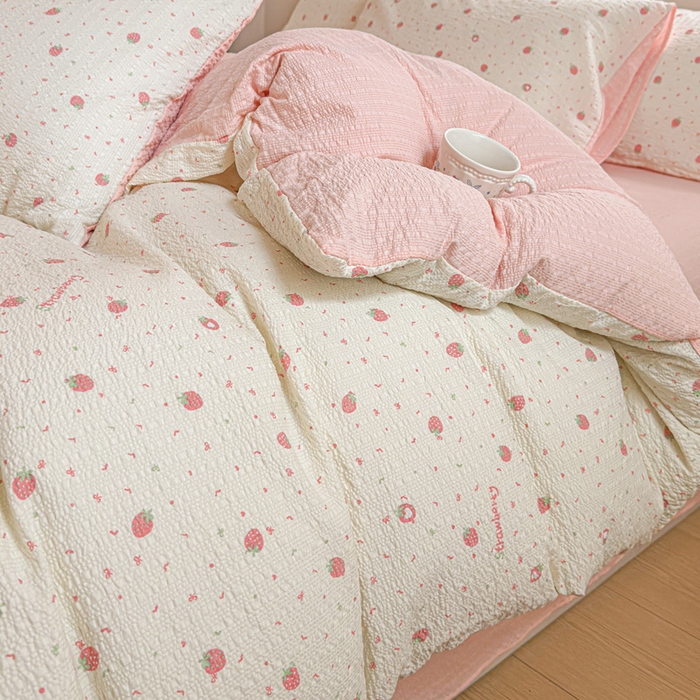 91家纺网 家纺一手货源 找家纺 桔禾家纺 2026春夏新款小清新A类超柔泡芙棉泡泡纱双层纱四件套 美莓果