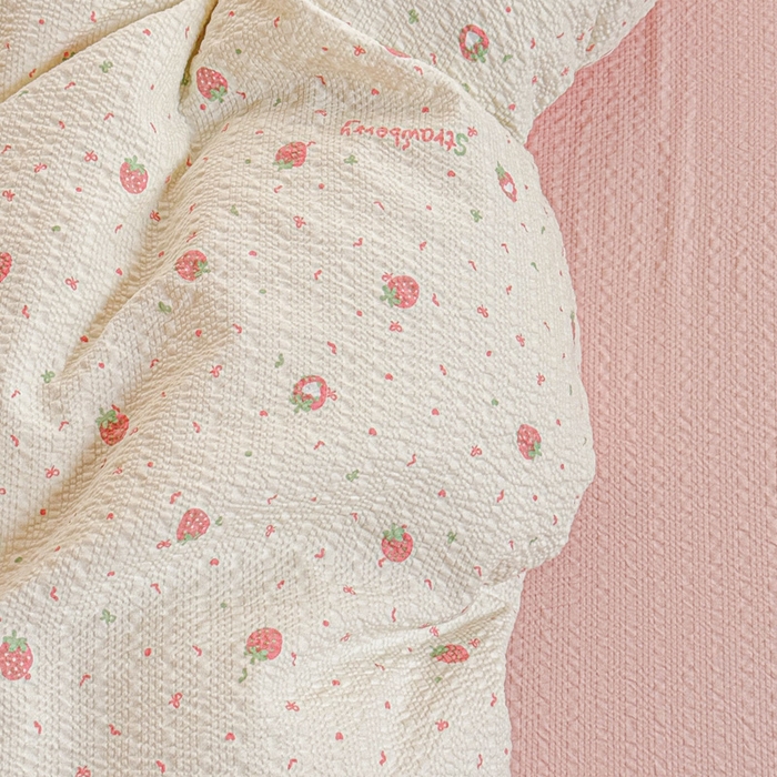 91家纺网 家纺一手货源 找家纺 桔禾家纺 2026春夏新款小清新A类超柔泡芙棉泡泡纱双层纱四件套 美莓果