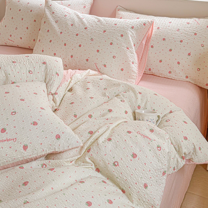 91家纺网 家纺一手货源 找家纺 桔禾家纺 2026春夏新款小清新A类超柔泡芙棉泡泡纱双层纱四件套 美莓果