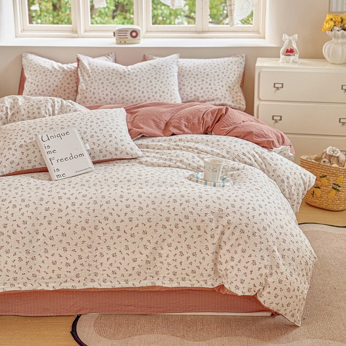 91家纺网 家纺一手货源 找家纺 桔禾家纺 2026春夏新款小清新A类超柔泡芙棉泡泡纱双层纱四件套 迷迭香