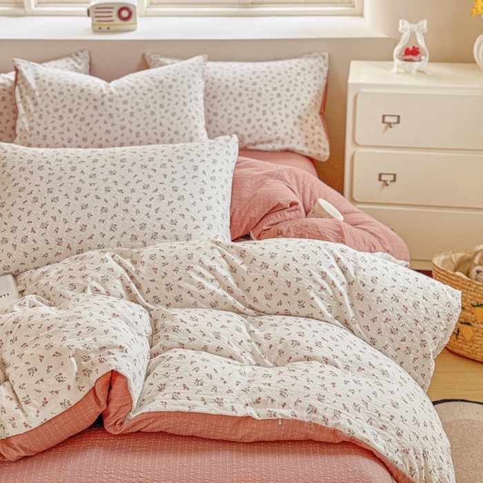 91家纺网 家纺一手货源 找家纺 桔禾家纺 2026春夏新款小清新A类超柔泡芙棉泡泡纱双层纱四件套 迷迭香