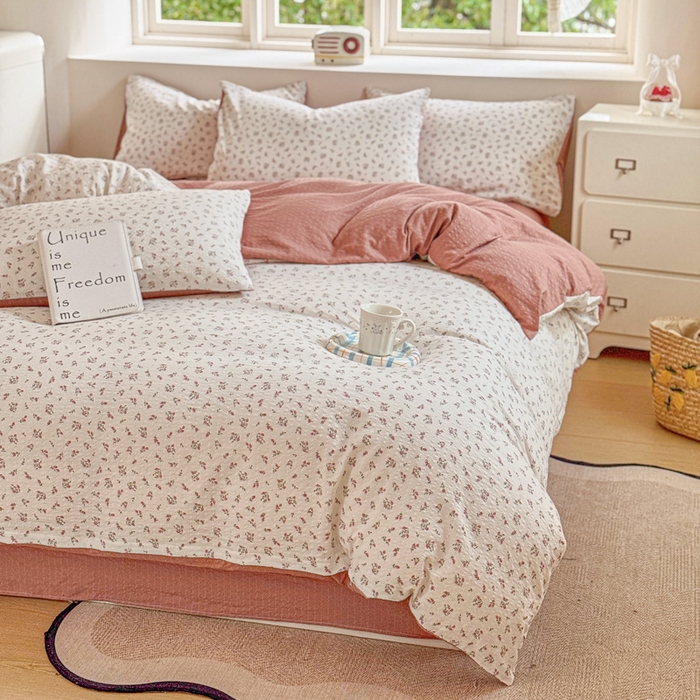 91家纺网 家纺一手货源 找家纺 桔禾家纺 2026春夏新款小清新A类超柔泡芙棉泡泡纱双层纱四件套 迷迭香