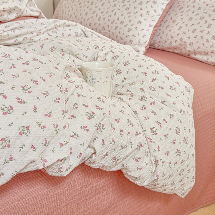 91家纺网 家纺一手货源 找家纺 桔禾家纺 2026春夏新款小清新A类超柔泡芙棉泡泡纱双层纱四件套 迷迭香