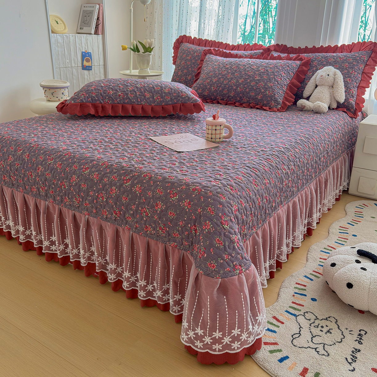 91家纺网 家纺一手货源 找家纺 绒耀家纺 2026春夏直播爆款泡芙棉云感双层纱皱皱纱韩式花边夏被四件套 花仙谷