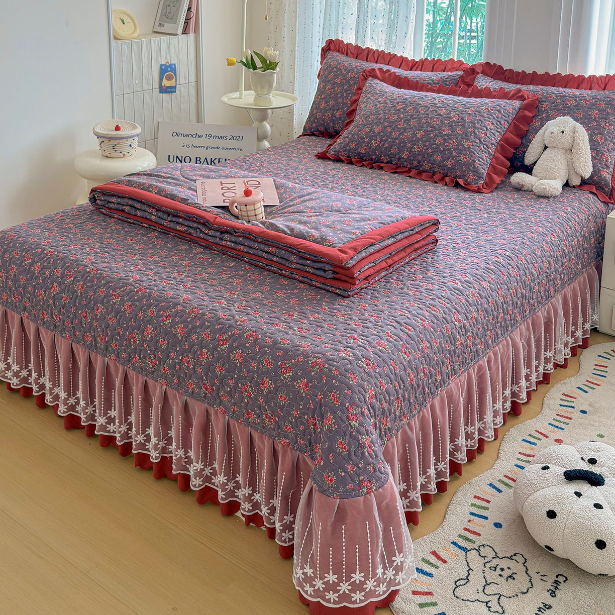 91家纺网 家纺一手货源 找家纺 绒耀家纺 2026春夏直播爆款泡芙棉云感双层纱皱皱纱韩式花边夏被四件套 花仙谷