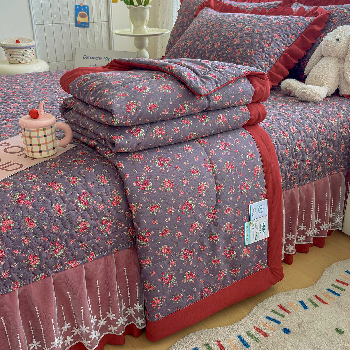 91家纺网 家纺一手货源 找家纺 绒耀家纺 2026春夏直播爆款泡芙棉云感双层纱皱皱纱韩式花边夏被四件套 花仙谷