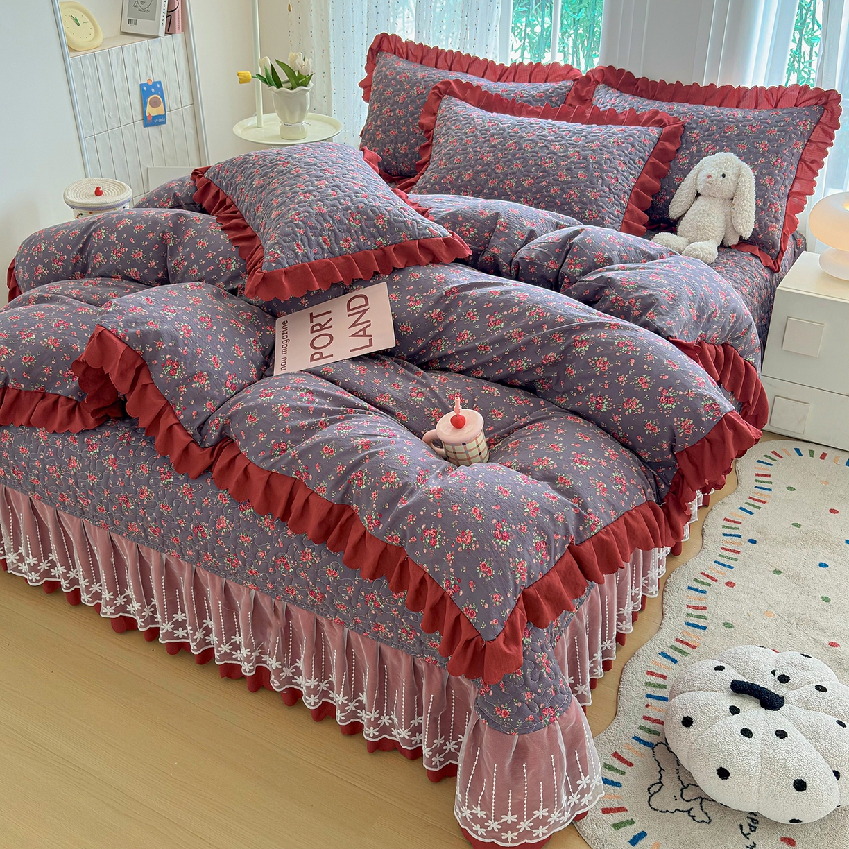 91家纺网 家纺一手货源 找家纺 绒耀家纺 2026春夏直播爆款泡芙棉云感双层纱皱皱纱韩式花边夏被四件套 花仙谷